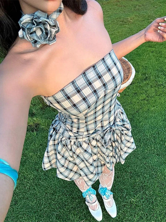 Retro Tube Top Plaid Print Strap Bud Dress for Folds Hem Splice Mini Dress Sweet Party Dress Female