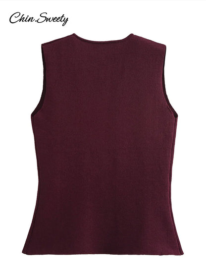 Single Breasted Knitted Vest Top Wine Red V-neck Sleeveless Sweater Tank Female Autumn Lady Knitwear New