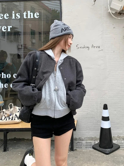 Baseball Woolen Coat Cropped Bomber Jacket Oversized Loose Korean Uniform Winter Clothes