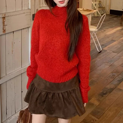 Half High Neck All Match Long Sleeve Sweater Spring New Contrast Color Digital Embroidery Tops