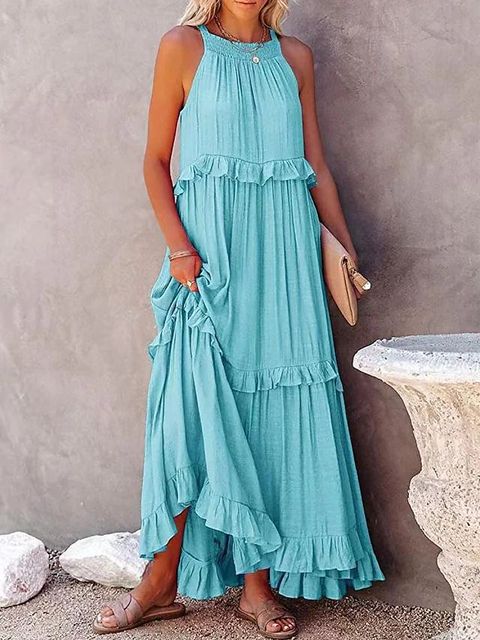 Summer Vacation Style Halter Neck Long Dresses Backless Leace-up Loose Ruffles Beach Dress Vestidos