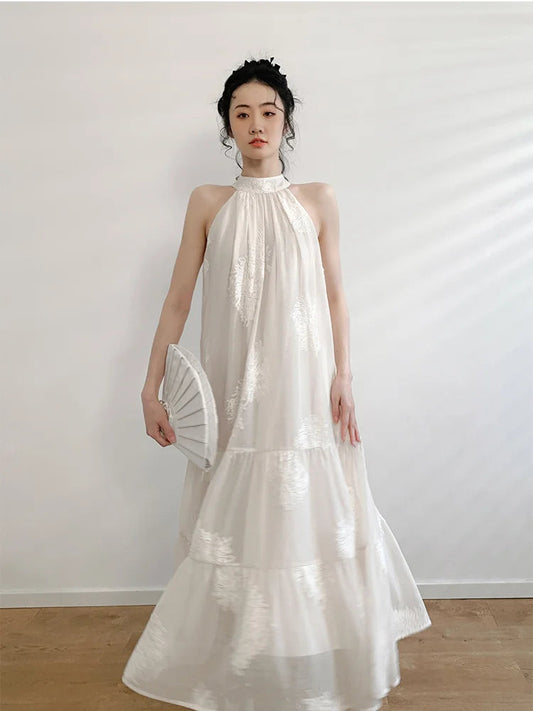 French Apricot Embroidery Printed Dress Spring Summer Sleeveless Hanging Neck Aline Dress Midi Dresses
