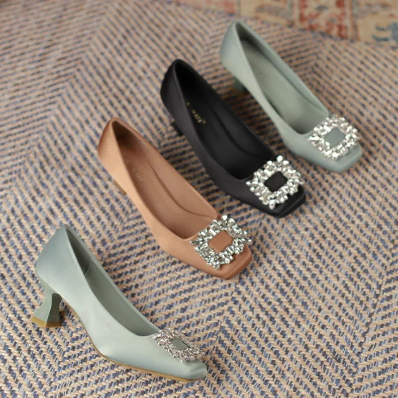 Rhinestone Satin Pumps Square Button Low Heel Office Shoes Crystal High Heels Dress Shoes
