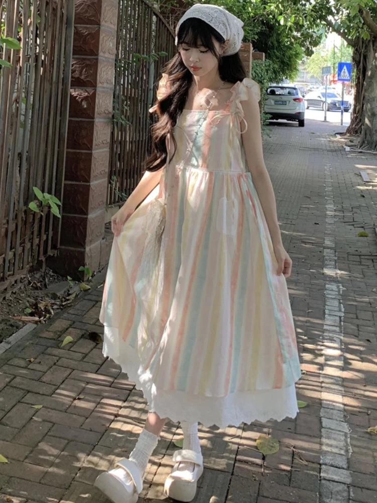 Japanese Kawaii Rainbow Midi Dress Slim Design Print Striped Sleeveless Camisole Dress Even Party Lolita Clothing