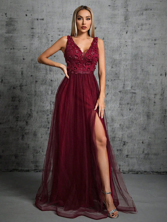 V-neck 3d Sequin Embroidered Mesh Slit Skirt