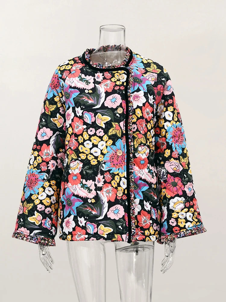 Flower Printed Spliced Coat for Long Sleeve Thick Warm Cotton Jacket Autumn Winter