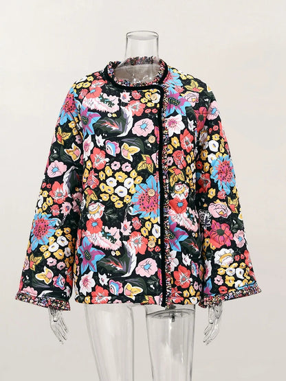 Flower Printed Spliced Coat for Long Sleeve Thick Warm Cotton Jacket Autumn Winter