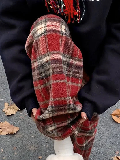 Red Plaid Pants Harajuku Korean Style Checked Trousers Y2k Classic Pants Warm Winter Wide Leg