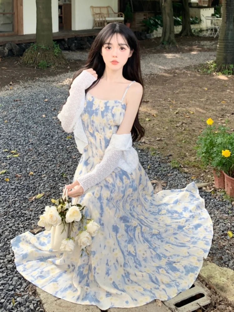 Summer Spaghetti Strap Long Dresses Prints French Midi Dress Stylish Partywear Sleeveless Ropa Mujer