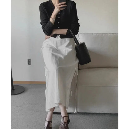 Lace Up Bow Color All Match Aline Skirt Summer New Korean High Waist Loose Midlength Skirt