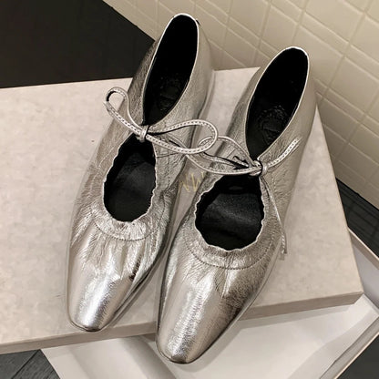 Genuine Leather Pleated Laceup Ballet Flats Round Toe Soft Comfortable Ballerinas Shoes for New