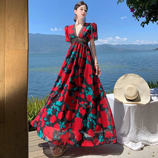 French Lace Retro Long Dresses for Print Puff Sleeve Vneck High Waist Dress Loose Oversize Beach Vestidos