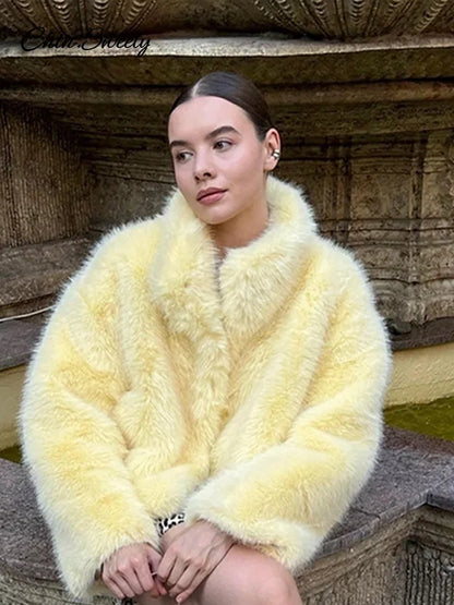 Faux Fur Jacket Coat Warm Fluffy Loose Long Sleeve Lapel Female Overcoat Winter Yellow Lady Street Outwear