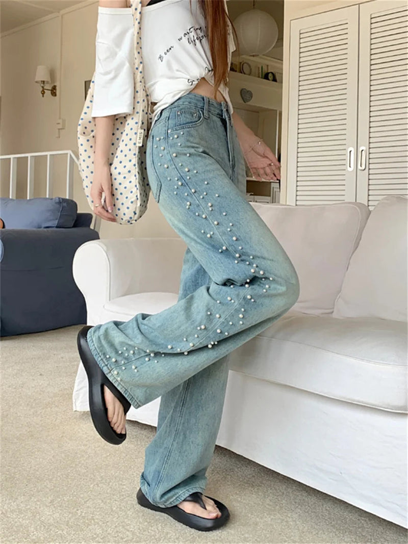 Summer Straight Jeans Pearls Wide Leg Mopping Light Washed High Waist New Denim Pants
