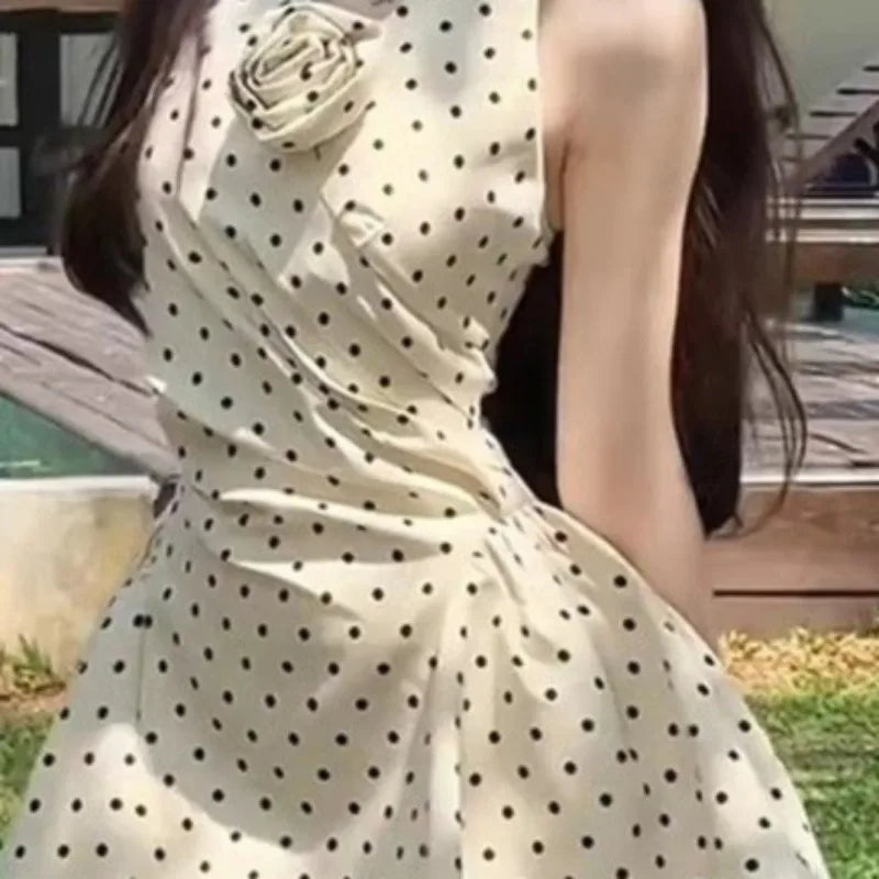 Polka Dot Halter Mini Dresses Spring Summer Sweet Korean Dress Flowers Vestidos Mujer