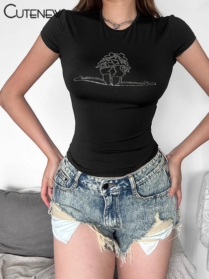 Rhinestones T-shirts Summer Short Sleeve O-neck Elastic Skinny Tees Female Concise New Daily Street Tops