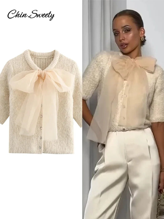Mohair Knitted Short Sleeve Cardigan Lace Bow Single Breasted O-neck Slim Sweater Autumn Winter Lady Knitwear