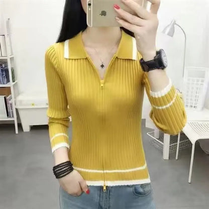 Autumn Spring Style Knitted Pullover Tops Lady Zipper V-neck Knitted Pullover Sweater Zz0972