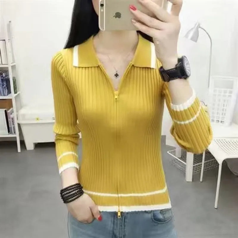 Autumn Spring Style Knitted Pullover Tops Lady Zipper V-neck Knitted Pullover Sweater Zz0972