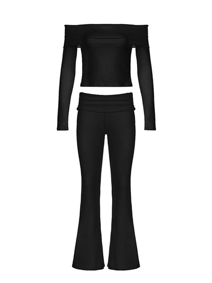 Skinny Ruched Off Shoulder Long Sleeve Tee Shirt and Flared Pants 2 Pieces Sets