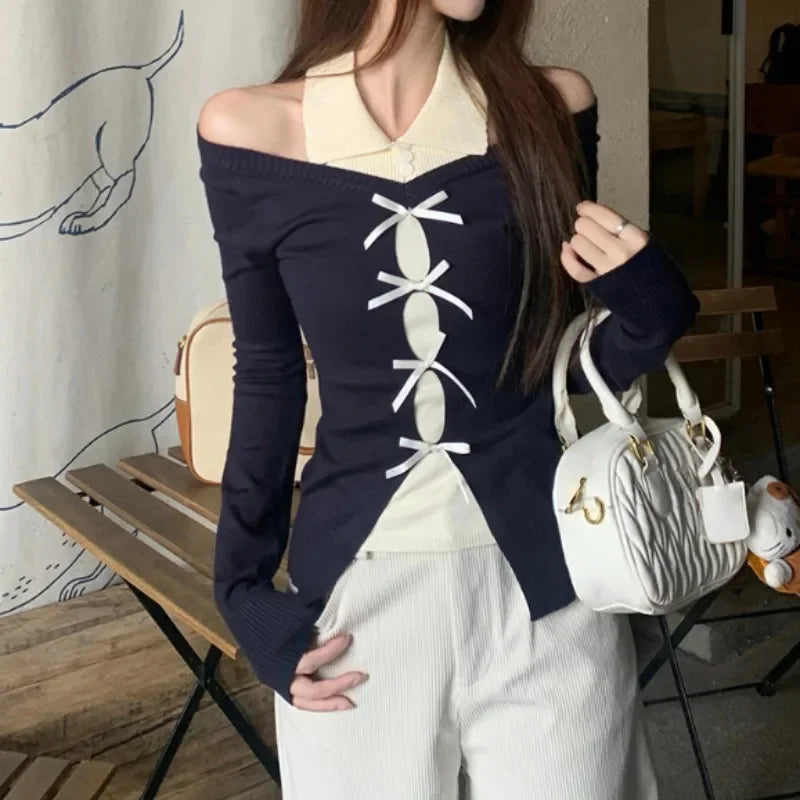 Korean Contrast Color Bow Patchwork Longsleeved Sweater Autumn New Strapless Slim Knitted Tops