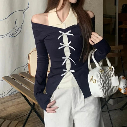 Korean Contrast Color Bow Patchwork Longsleeved Sweater Autumn New Strapless Slim Knitted Tops