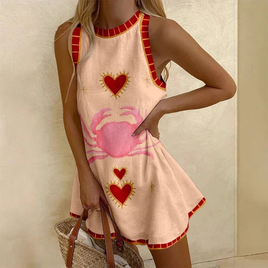 Printed Loose Tank O Neck Mini Dress
