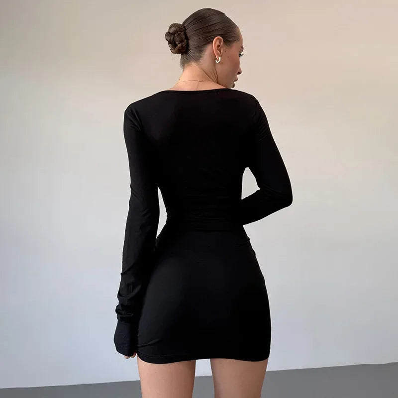 Plunge Slim Metallic Dress for Long Sleeve Mini Dress High Waist Autumn Club Party Dress