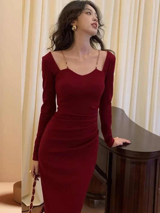 Bodycon Slim Midi Dress French Chain Spaghetti Strap Wedding Party Birthday Evening Prom Robe Sheath Clothing