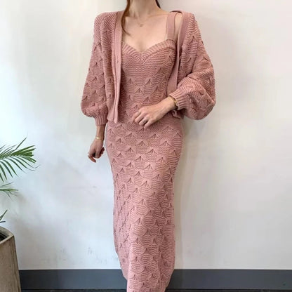 Sweet Hot Girl Suit Autumn and Winter Singlebreasted Lantern Sleeve Knitted Cardigan Slim Strap Dress Twopiece Set