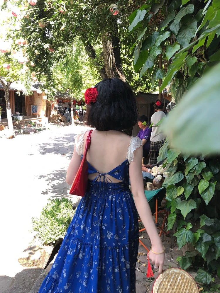 Bule French Lace Party Dress Sweet Backless Midi Dress Summer Korean Sleeveless Dress