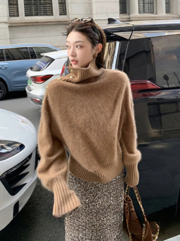 Korean Turtleneck Sweater Long Sleeve Slim Pure Color Knitted Pullover Office Lady Outwear Jumpers