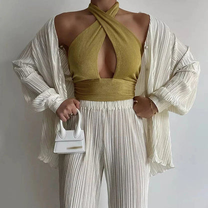 Lapel Single Breasted Shirts+straight Pants Set High Street Loose Outfits High Street Loose 2pc Set
