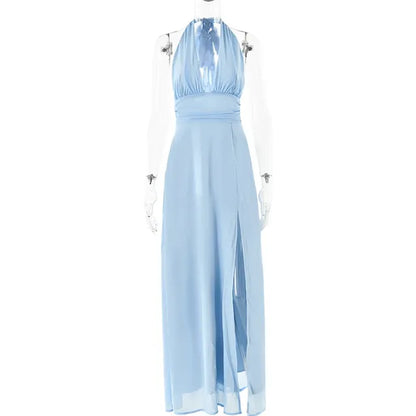 Halterneck V-neck Backless Dresses Party High Waist Slit Sleeveless Long Dress Lace-up Evening Dress