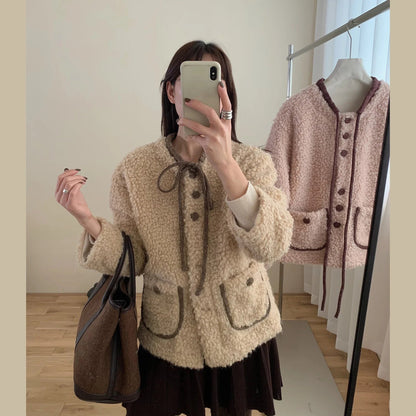 Sweet Hot Girl Oneck Doublesided Woolen Coat Autumn/winter Oneck Laceup Loose Coat Female Clothes