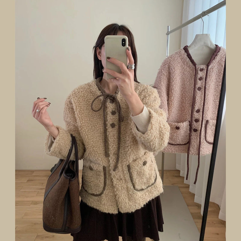 Sweet Hot Girl Oneck Doublesided Woolen Coat Autumn/winter Oneck Laceup Loose Coat Female Clothes