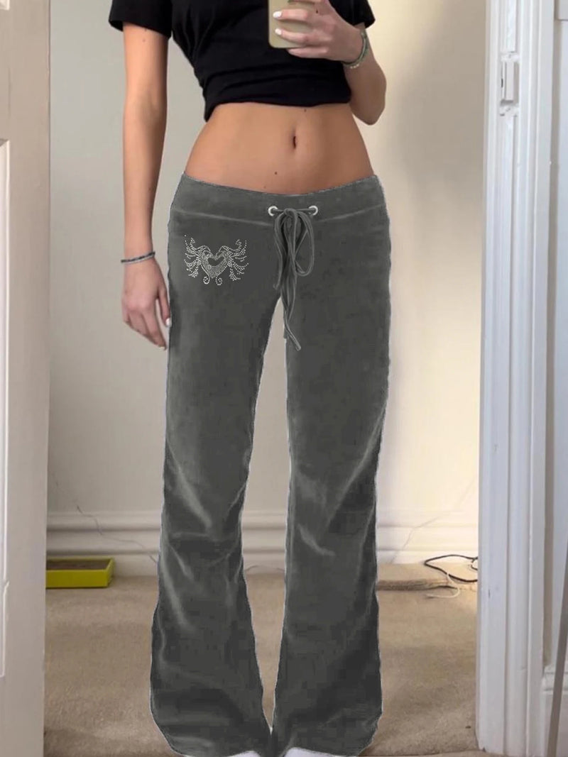 American Retro Y2k Low Waisted Velvet Flared Pants Drawstring Tie Waist Heart Rhinestone Trousers