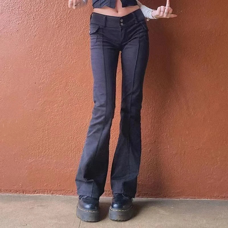 Y2k Brown Flared Jeans Color Pocket Kawaii Trousers Low Waist Aesthetic Jogging Pants Basics