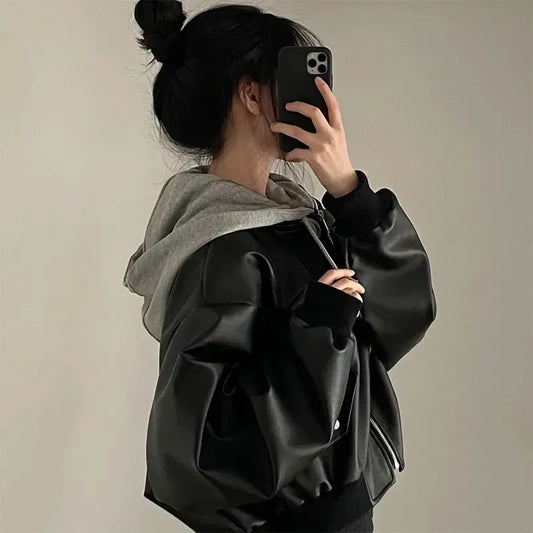 Hooded Loose Leather Jackets Faux Leather Coats Spring Autumn Korean Pu Jackets