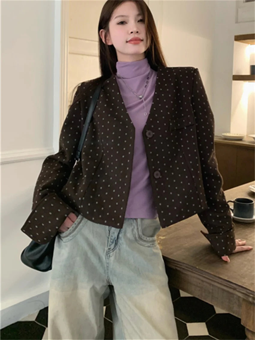 Office Lady Coats New Woolen Autumn Polka Dots Slim High Street Work Wear Vneck