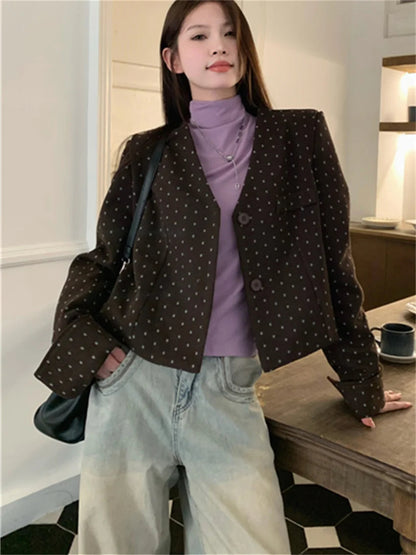 Office Lady Coats New Woolen Autumn Polka Dots Slim High Street Work Wear Vneck