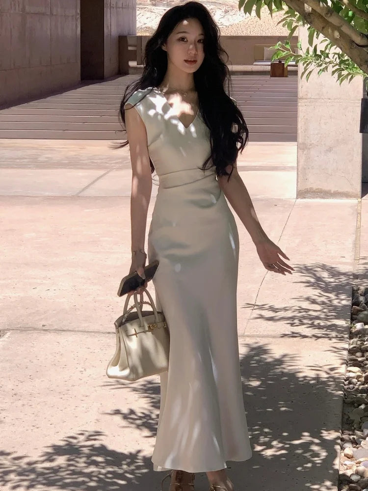 Vneck Slim Midi Dresses for Sleeveless Party Prom Female Clothes Summer