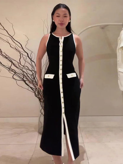 Single Breasted Knitted Maxi Dress O Neck Sleeveless Fake Pockets Dresses New Lady High Street Robes
