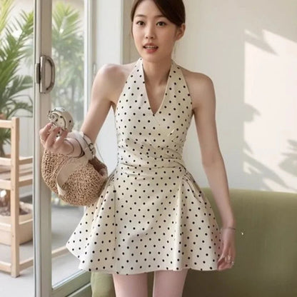 Polka Dot Halter Mini Dresses Spring Summer Sweet Korean Dress Flowers Vestidos Mujer