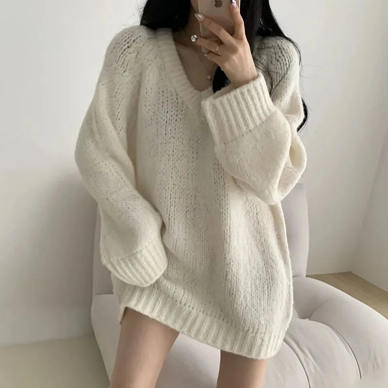 Autumn Winter Knitted Sweaters Korean Oversized Simple V Neck Pullover Harajuku Puff Sleeves Jumpers Fc8557