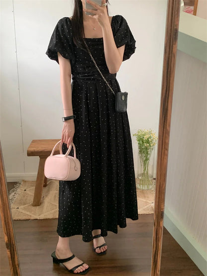 Summer New Polka Dots Maxi Dress Daily Sweet Short Puff Sleeve Office Lady Gentle Vacation