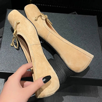 Natural Suede Leather Square Toe Slipon Ballet Flats Sweet Bowtie Female Ballerians Soft Comfort Shoes for