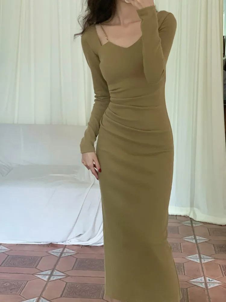 Chain Square Neck Long Sleeves Midi Dresses Spring New French Bodycon Evening Party Female Clothing