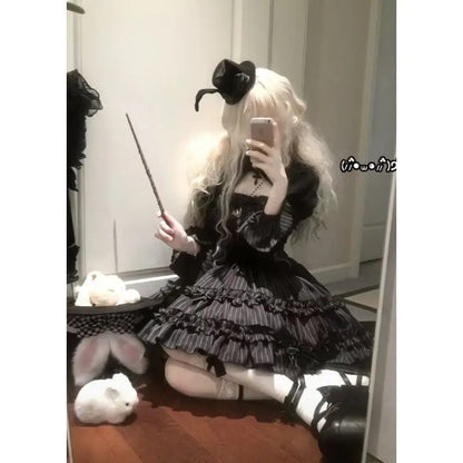 Gothic Black Lolita Sets Y2k Crop Top Blouse + Plaid Mini Skirts Japanese Kawaii 2 Piece Sets Clothing