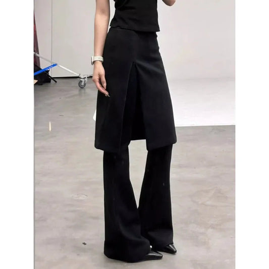 Fake Twopiece Slim Wide Leg Pants Spring New Korean High Waist Pleated Skirt Splicing Knit Pants
